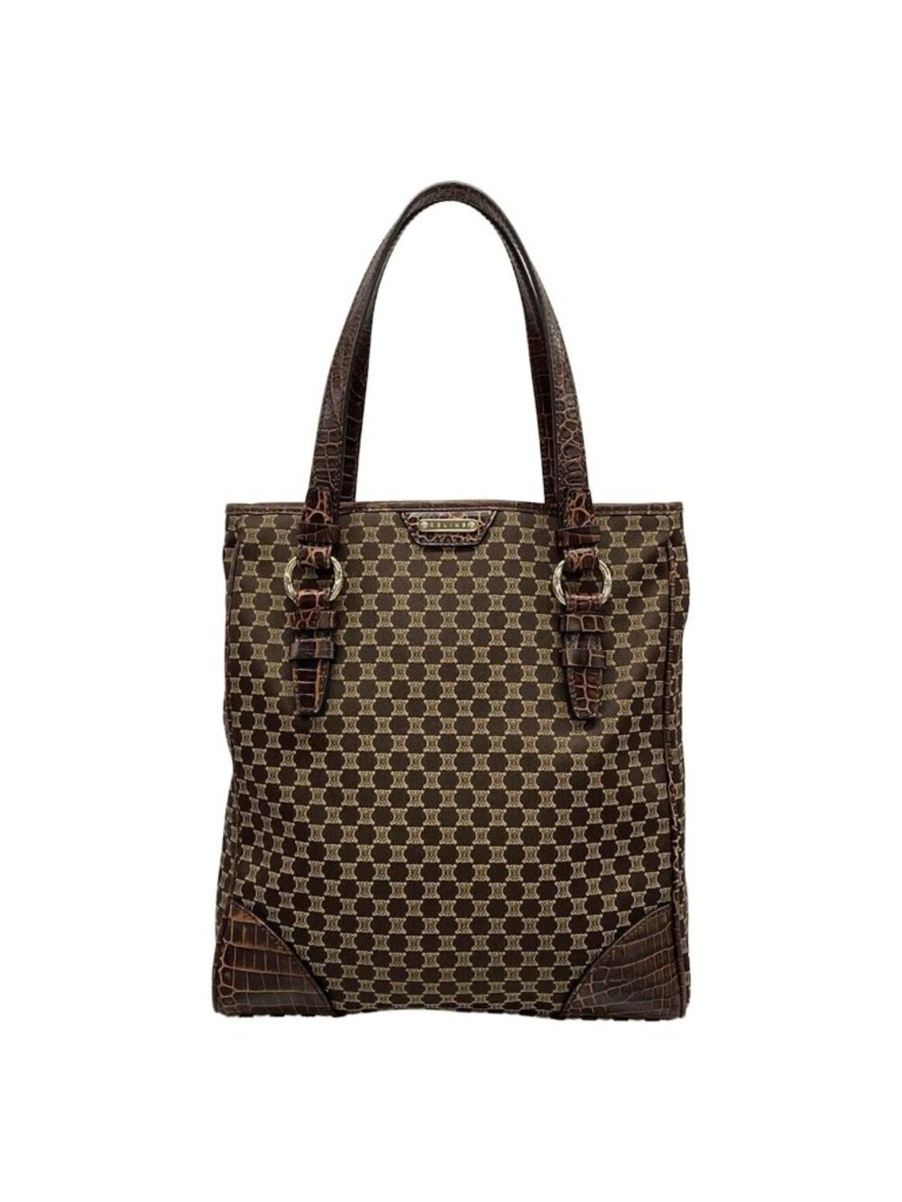 Celine Tote Bag Macadam Pattern Dark Brown Beige Embossed Leather